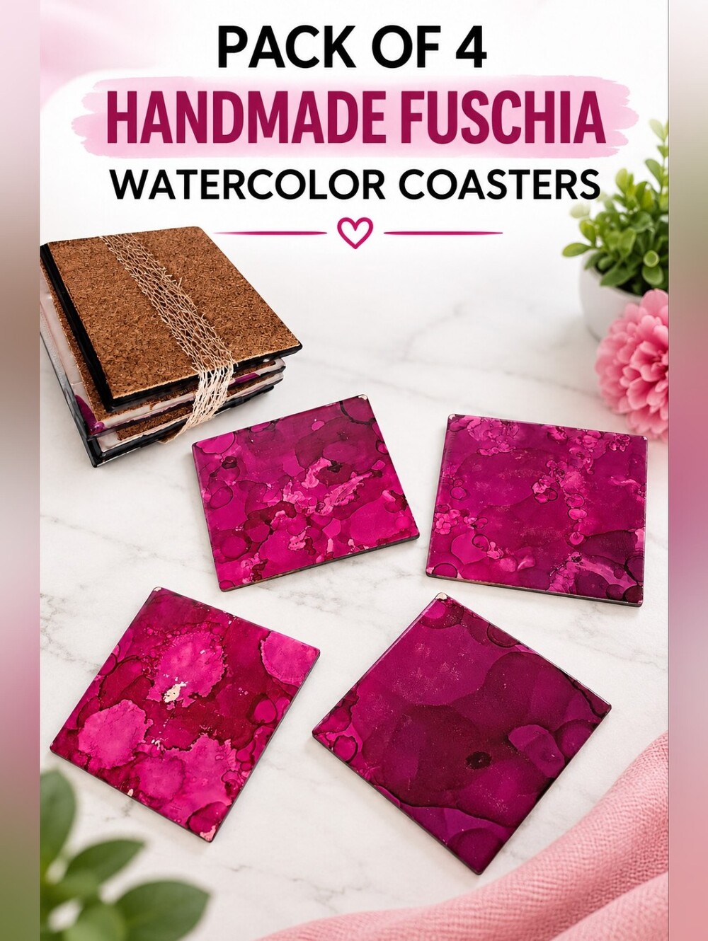 HANDMADE FUSCHIA WATERCOLOR COASTERS - PACK OF 4